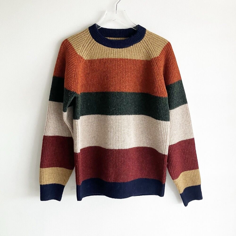 Beams Japan Wool Sweater Elbow Patches Mens Size Medium Striped Fall Autumn